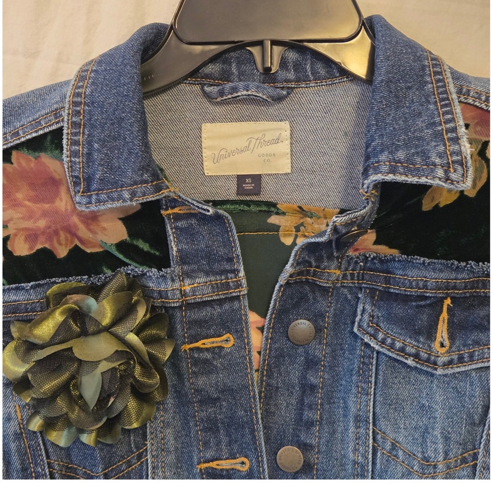 Upcycled Denim Jacket with Floral Sheer Green Panel Inlays Ruffled Sleeves XS - Picture 5 of 14
